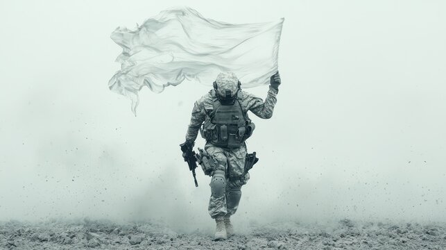 Transformation of Violence: Soldier Holding Weapon Morphs into White Flag of Surrender, Generative Ai