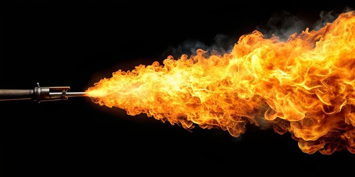 Close up shot of a powerful flamethrower jetting a burst of fire on a black background
