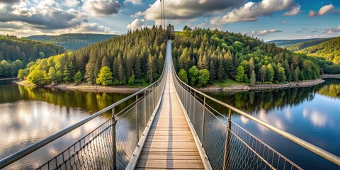 Obraz premium Pedestrian suspension bridge crossing Rappbodetalsperre lake in Harz Mountains National Park