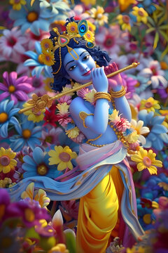 Lord Krishna. Happy Janmashtami. Flowers background. Greetings, poster, banner, template. 3 d Illustration