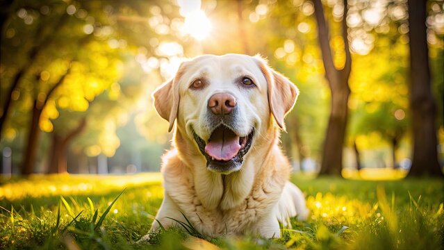 Happy old labrador retriever enjoying a sunny day in the park, happy, old, labrador retriever, dog, pet, animal, senior, aging