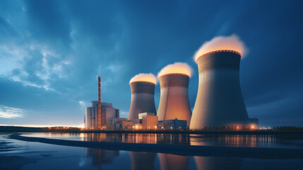 Industry view of a nuclear power plant with cooling towers at dusk, showcasing energy production and modern technology.