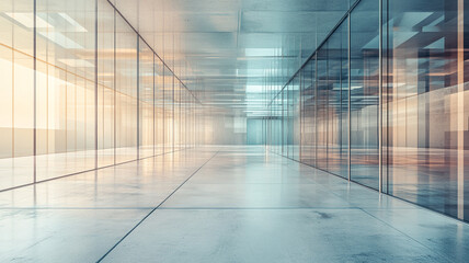 Modern glass interior space with reflective surfaces and soft natural light