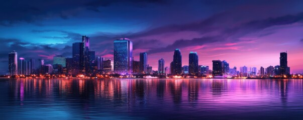 Obraz premium City skyline at dusk with glowing lights reflecting in the water
