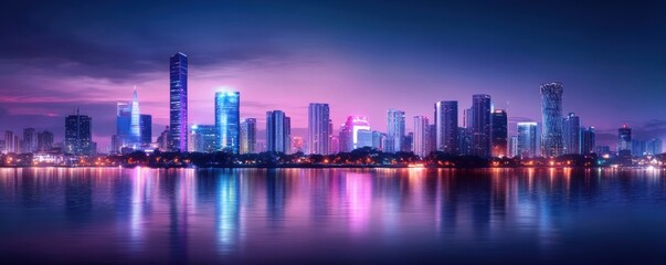 Fototapeta premium City skyline at dusk with glowing lights reflecting in the water