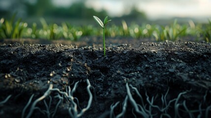 Ground cross section  weed sprouting, ominous roots symbolize hidden issues in subtle imagery