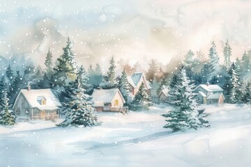 A soft watercolor painting of a serene winter landscape, featuring gently falling snowflakes, cozy cottages, and frosted pine trees. The scene captures the tranquility and beauty of a snowy day with a