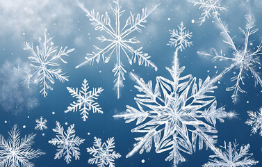 Arctic Dreams Blue Christmas with White Snowflakes, Merry christmas snowflake background, Beautiful abstract winter christmas background with snowflakes and plants in hoarfrost
