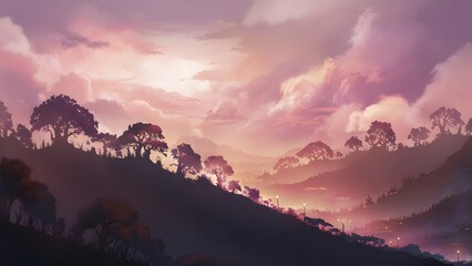 Fototapeta premium Sunset and Silhouettes of Trees in the Mountains, generative AI