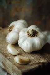 Garlic heads on cutting board