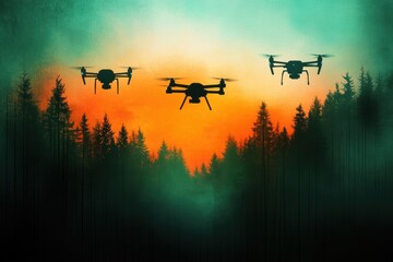 Fototapeta premium Watercolor forest with drones monitoring wildlife, biotechnology ecology, tech-enhanced ecosystems