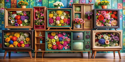 Colorful vintage retro television cabinets decorated with vibrant flowers , vintage, retro, television, cabinets
