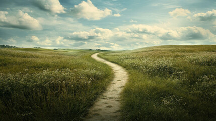 A narrow path winds through fields of green, under the wide-open sky. --ar 16:9 --v 6.1 Job ID: a7d37065-9dbf-4adb-9a31-c401d2b5fc46