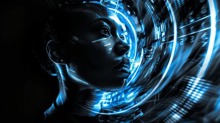 Futuristic portrait exploring past for future impact in silver   neon blue holographic timeline