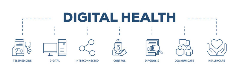 Digital health icons process structure web banner illustration of e health, telemedicine, interconnected, smartwatch, diagnosis, email, and medical app icon png transparent background.