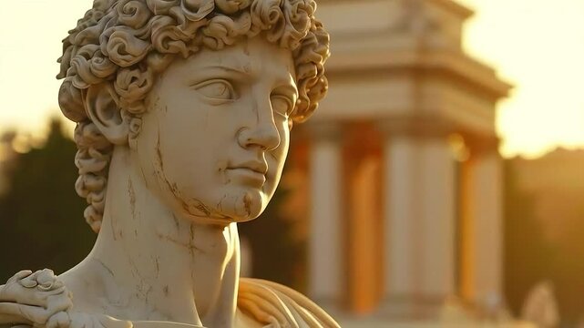 A statue of a man with curly hair and a beard  is shown in front of  a building