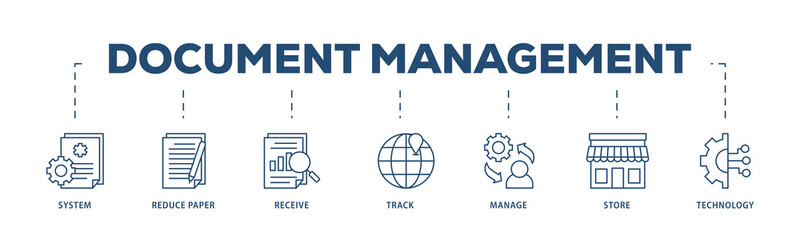 Document management icons process structure web banner illustration of system, reduce paper, receive, track, manage, store, cloud and technology icon png transparent background.