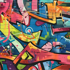 Colorful urban street art alley with vibrant graffiti on the wall. Wooden bench, old lantern creating a lively atmosphere. Bright inscription, street art.