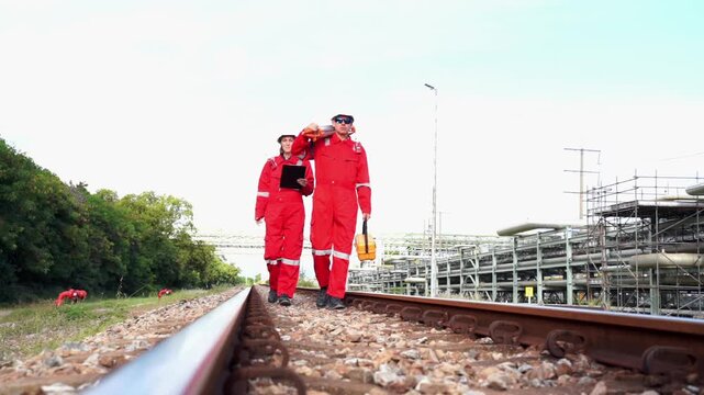 Team survey construction engineer with safety jacket use level survey camera. Engineer peering through a theodolite for check Raiway inside oil refinery plant.