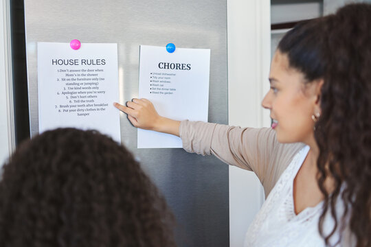 Mother, kid or paper with house rules for checklist, daily routine or agreement in home. Teaching child discipline, parent or mom explaining housekeeping chores, duty order or to do list instructions