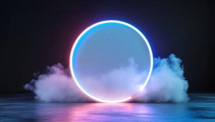 Abstract clouds illuminated with a neon light ring on a dark background