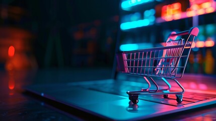 Shopping Cart on Laptop Keyboard with Neon Lights