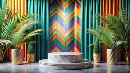 Obraz premium Luxurious tropical marble podium background with colorful geometric shapes and elegant curtains , luxury, tropical