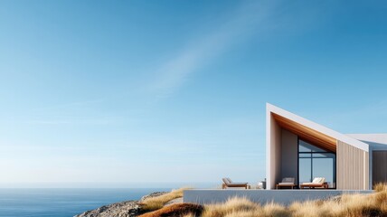 Fototapeta premium A modern A-frame cabin with stunning ocean views, offering a productive and inspiring workspace.