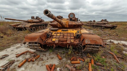 Fototapeta premium Eerie Abandoned Military Base with Rusting Tanks and Ammunition under Cloudy Sky, Generative Ai