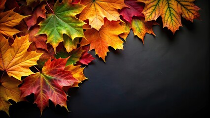 Fototapeta premium Autumn leaves on a black background with vibrant colors , autumn, leaves, fall, black background, colorful, foliage, seasonal, texture