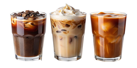 Set of black ice coffee and ice latte coffee milk isolated on white background