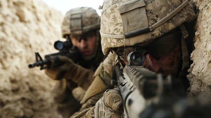 Fototapeta premium Brave Soldiers Taking Cover Behind Wall with Guns Aimed - Military Defense Concept, Generative Ai
