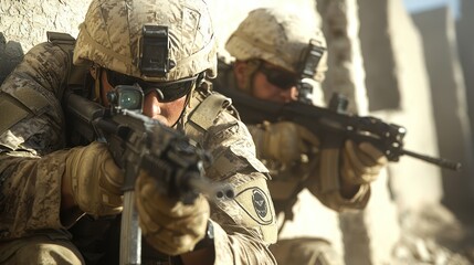 Fototapeta premium Brave Soldiers Taking Cover Behind Wall, Aiming Guns at Enemy - Military Combat Concept, Generative Ai