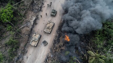 Intense Aerial View of War Zone with Tanks, Soldiers, and Smoke - Battle Scene from Above, Generative Ai