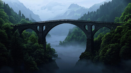 Obraz premium Gothic bridge, spanning a misty river, Watercolor style