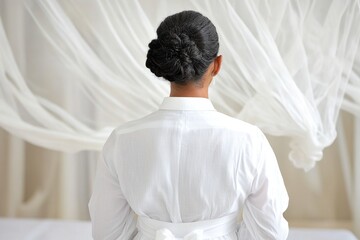 Woman standing with her back turned draped in soft fabric evoking a sense of mystery grace and quiet contemplation in a tranquil minimalist environment