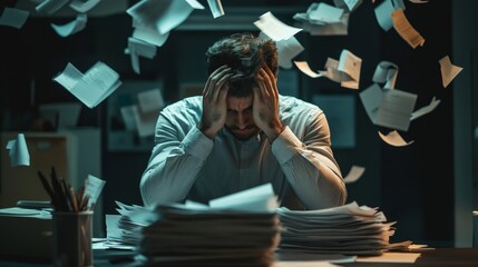 A man is sitting at a desk with papers flying everywhere