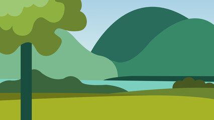 Obraz premium landscape with mountains, trees and river bank