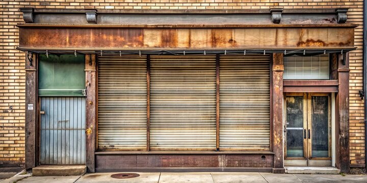 Weathered and neglected vintage storefront with a dusty shutter in an abandoned shop