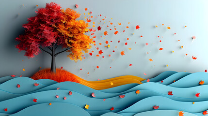 Vibrant Autumn Tree in Paper Art Style with Windblown Leaves and Pastel Landscape