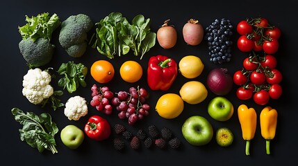 There are red bell peppers, green apples, grape tomatoes, red grapes, yellow peppers, orange,  lemons, blackberries, broccoli, cauliflower, spinach, and lettuce.