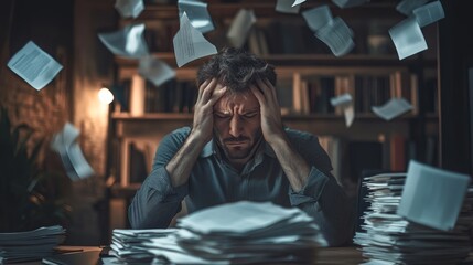 A man is sitting at a desk with papers flying everywhere