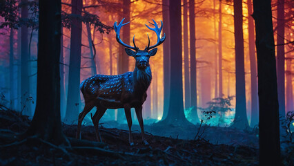 AI-Generated Fantasy of an Old Deer in a Luminous Forest