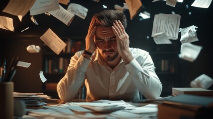 A man is sitting at a desk with papers flying everywhere