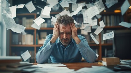 A man is sitting at a desk with papers flying everywhere