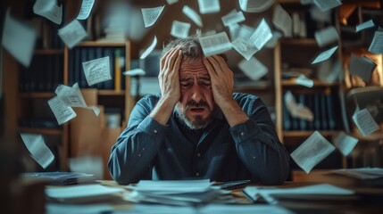 A man is sitting at a desk with papers flying everywhere