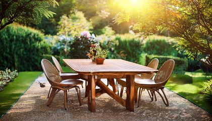 Obraz premium Relax and Unwind: Outdoor Wooden Seating in a Sunny Garden