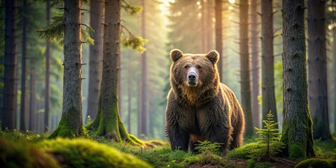 Obraz premium Majestic bear in the forest among tall trees, wildlife, nature, bear, forest, power, presence, wilderness, untamed, beauty