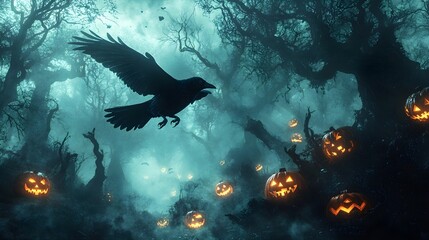 Fototapeta premium Halloween Jack-O-Lanterns in a Spooky Forest