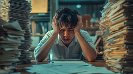 A man is sitting at a desk with papers flying everywhere